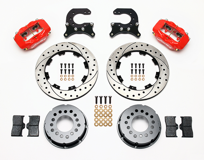 Wilwood Forged Dynalite Pro Series Rear Brake Kit Parts Laid Out - Red Powder Coat Caliper - SRP Drilled & Slotted Rotor