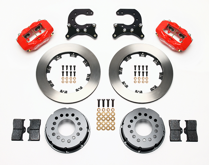 Wilwood Forged Dynalite Pro Series Rear Brake Kit Parts Laid Out - Red Powder Coat Caliper - Plain Face Rotor