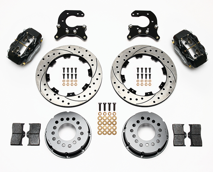 Wilwood Forged Dynalite Pro Series Rear Brake Kit Parts Laid Out - Black Powder Coat Caliper - SRP Drilled & Slotted Rotor