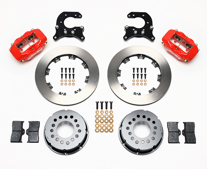 Wilwood Forged Dynalite Pro Series Rear Brake Kit Parts Laid Out - Red Powder Coat Caliper - Plain Face Rotor