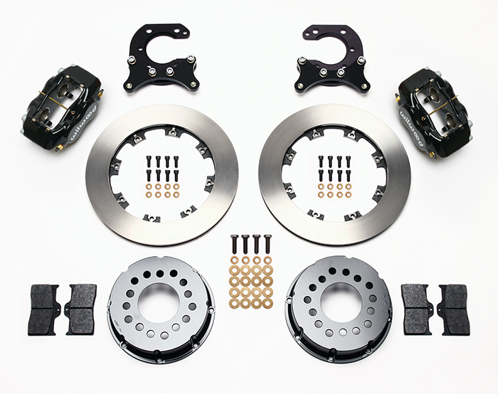 Wilwood Forged Dynalite Pro Series Rear Brake Kit Parts Laid Out - Black Powder Coat Caliper - Plain Face Rotor