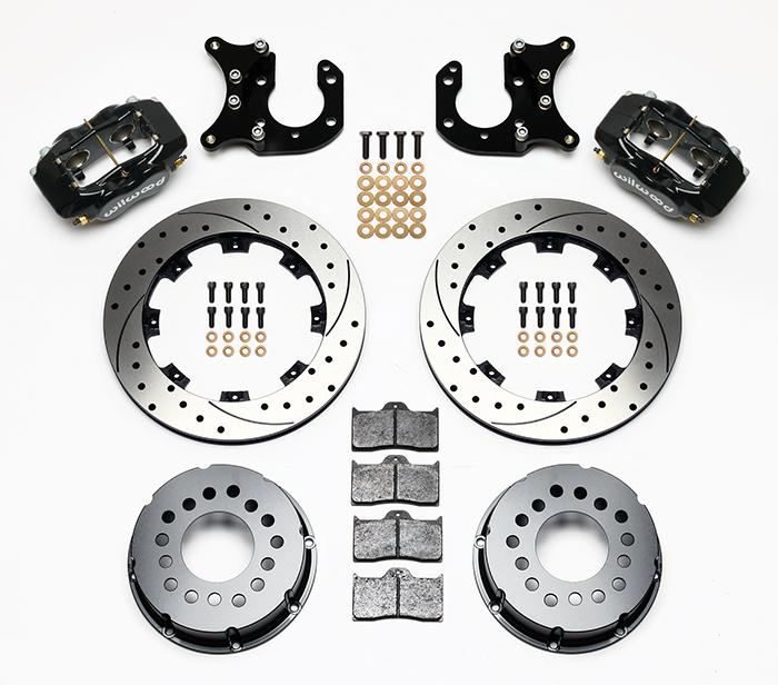 Wilwood Forged Dynalite Pro Series Rear Brake Kit Parts Laid Out - Black Powder Coat Caliper - SRP Drilled & Slotted Rotor