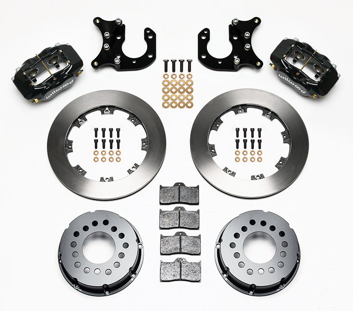 Wilwood Forged Dynalite Pro Series Rear Brake Kit Parts Laid Out - Black Powder Coat Caliper - Plain Face Rotor