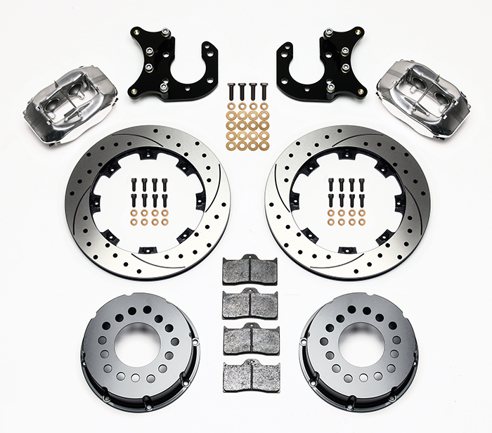 Wilwood Forged Dynalite Pro Series Rear Brake Kit Parts Laid Out - Polish Caliper - SRP Drilled & Slotted Rotor