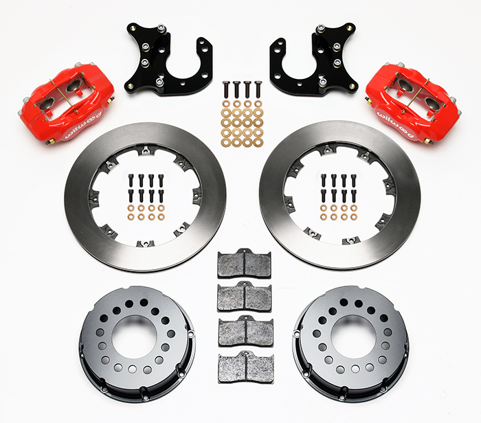 Wilwood Forged Dynalite Pro Series Rear Brake Kit Parts Laid Out - Red Powder Coat Caliper - Plain Face Rotor