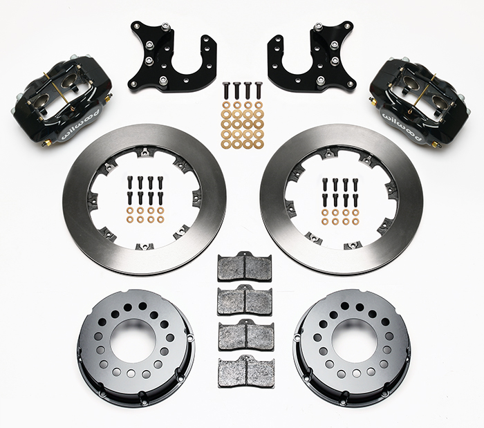 Wilwood Forged Dynalite Pro Series Rear Brake Kit Parts Laid Out - Black Powder Coat Caliper - Plain Face Rotor