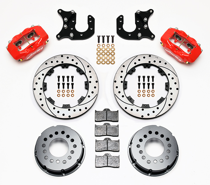 Wilwood Forged Dynalite Pro Series Rear Brake Kit Parts Laid Out - Red Powder Coat Caliper - SRP Drilled & Slotted Rotor