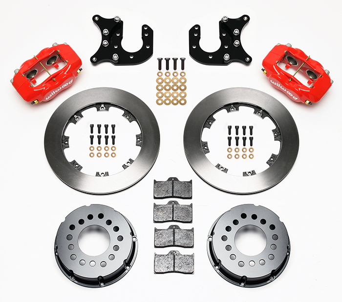 Wilwood Forged Dynalite Pro Series Rear Brake Kit Parts Laid Out - Red Powder Coat Caliper - Plain Face Rotor