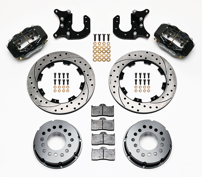 Wilwood Forged Dynalite Pro Series Rear Brake Kit Parts Laid Out - Black Powder Coat Caliper - SRP Drilled & Slotted Rotor