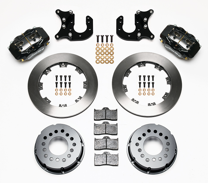 Wilwood Forged Dynalite Pro Series Rear Brake Kit Parts Laid Out - Black Powder Coat Caliper - Plain Face Rotor