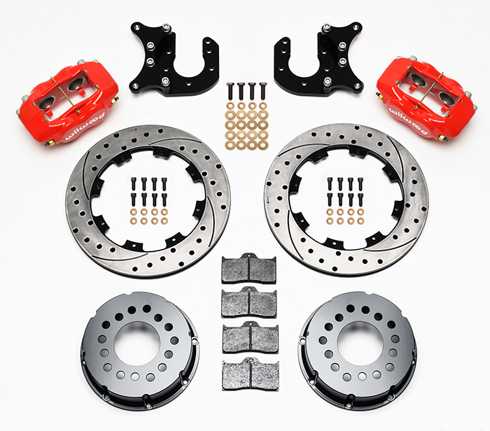 Wilwood Forged Dynalite Pro Series Rear Brake Kit Parts Laid Out - Red Powder Coat Caliper - SRP Drilled & Slotted Rotor