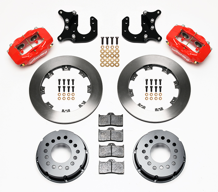 Wilwood Forged Dynalite Pro Series Rear Brake Kit Parts Laid Out - Red Powder Coat Caliper - Plain Face Rotor