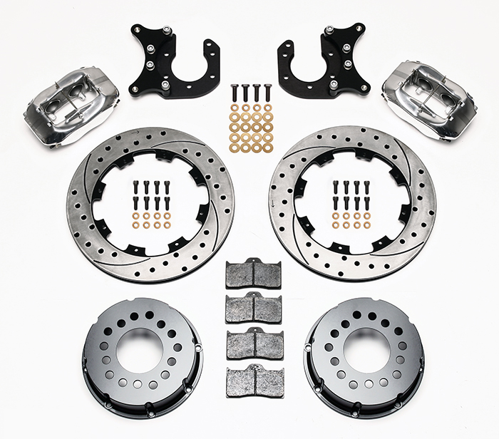 Wilwood Forged Dynalite Pro Series Rear Brake Kit Parts Laid Out - Polish Caliper - SRP Drilled & Slotted Rotor