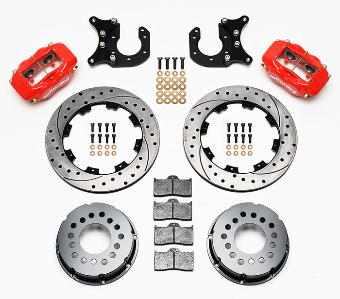 Wilwood Forged Dynalite Pro Series Rear Brake Kit Parts Laid Out - Red Powder Coat Caliper - SRP Drilled & Slotted Rotor