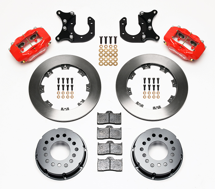 Wilwood Forged Dynalite Pro Series Rear Brake Kit Parts Laid Out - Red Powder Coat Caliper - Plain Face Rotor