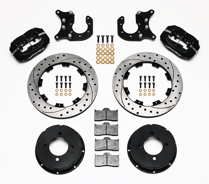 Wilwood Forged Dynalite Pro Series Rear Brake Kit Parts Laid Out - Type III Anodize Caliper - SRP Drilled & Slotted Rotor