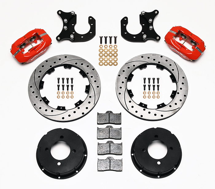 Wilwood Forged Dynalite Pro Series Rear Brake Kit Parts Laid Out - Red Powder Coat Caliper - SRP Drilled & Slotted Rotor