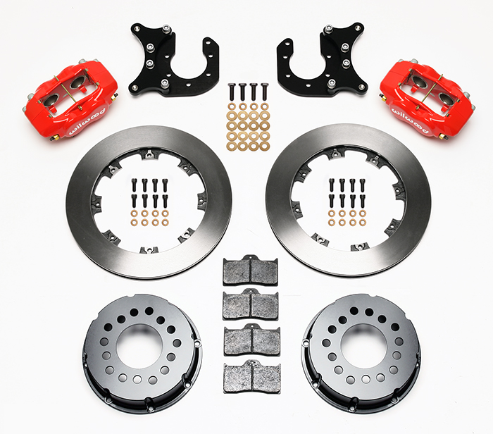 Wilwood Forged Dynalite Pro Series Rear Brake Kit Parts Laid Out - Red Powder Coat Caliper - Plain Face Rotor