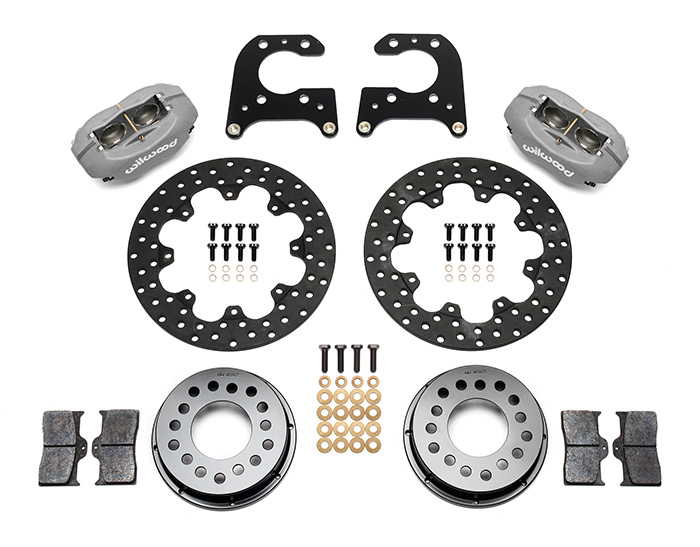 Wilwood Forged Dynalite Rear Drag Brake Kit Parts Laid Out - Type III Anodize Caliper - Drilled Rotor