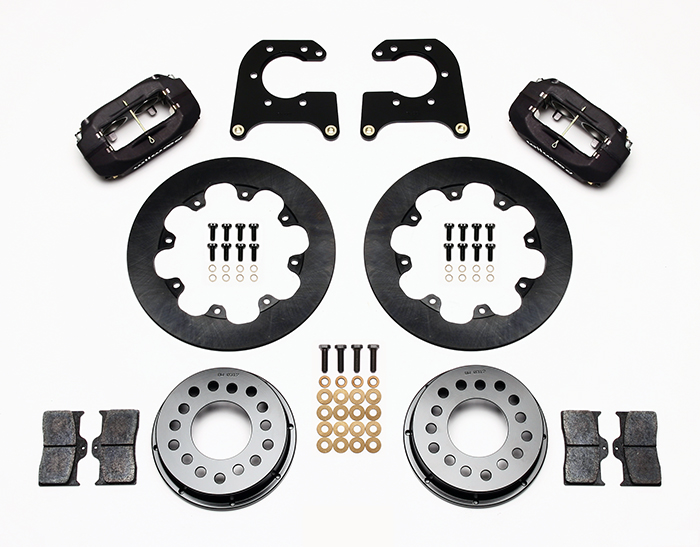 Wilwood Forged Dynalite Rear Drag Brake Kit Parts Laid Out - Type III Anodize Caliper - Plain Face Rotor