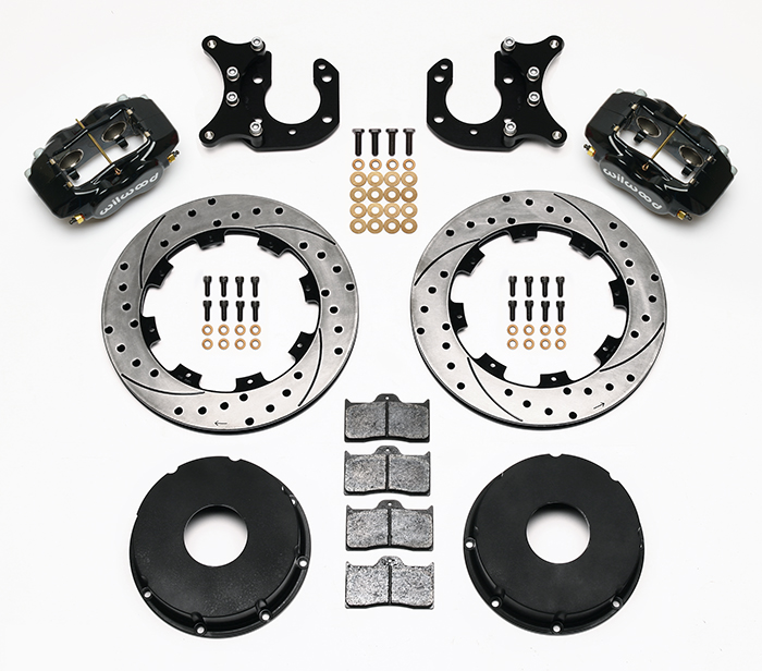 Wilwood Forged Dynalite Pro Series Rear Brake Kit Parts Laid Out - Black Powder Coat Caliper - SRP Drilled & Slotted Rotor