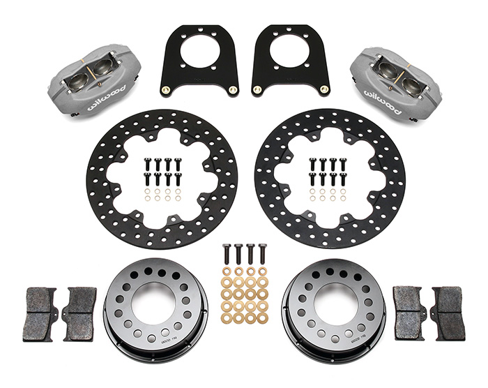 Wilwood Forged Dynalite Rear Drag Brake Kit Parts Laid Out - Type III Anodize Caliper - Drilled Rotor