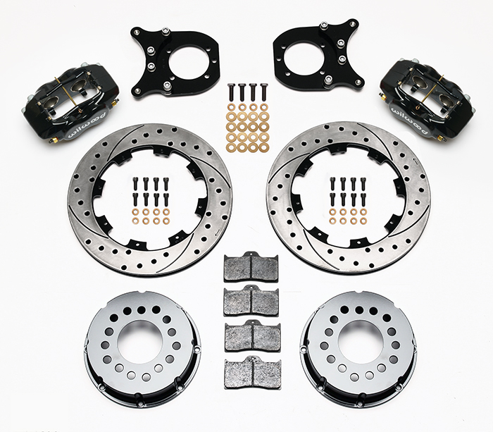 Wilwood Forged Dynalite Pro Series Rear Brake Kit Parts Laid Out - Black Powder Coat Caliper - SRP Drilled & Slotted Rotor