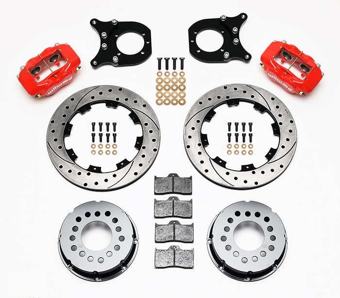 Wilwood Forged Dynalite Pro Series Rear Brake Kit Parts Laid Out - Red Powder Coat Caliper - SRP Drilled & Slotted Rotor