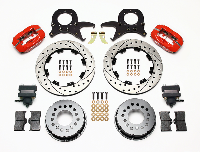 Wilwood Forged Dynalite Pro Series Rear Brake Kit w/P-Brake Parts Laid Out - Red Powder Coat Caliper - SRP Drilled & Slotted Rotor