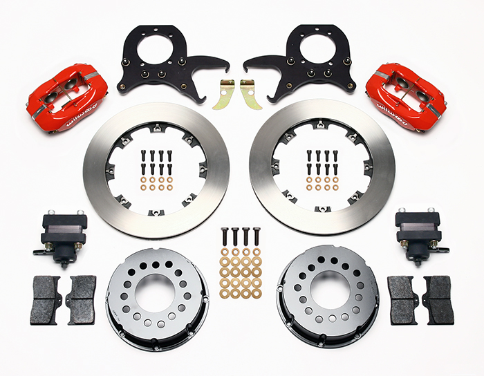 Wilwood Forged Dynalite Pro Series Rear Brake Kit w/P-Brake Parts Laid Out - Red Powder Coat Caliper - Plain Face Rotor