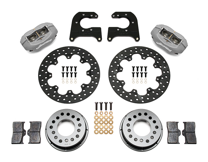 Wilwood Forged Dynalite Rear Drag Brake Kit Parts Laid Out - Type III Anodize Caliper - Drilled Rotor