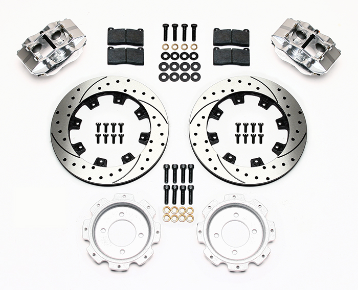 Wilwood Narrow Dynalite Rear Inboard Rear Brake Kit Parts Laid Out - Polish Caliper - SRP Drilled & Slotted Rotor