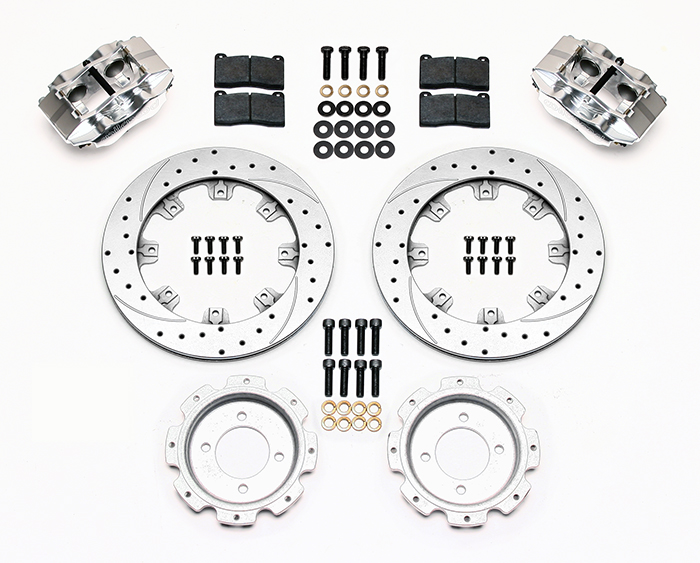 Wilwood Narrow Dynalite Rear Inboard Rear Brake Kit Parts Laid Out - Polish Caliper - SRP Drilled & Slotted Rotor