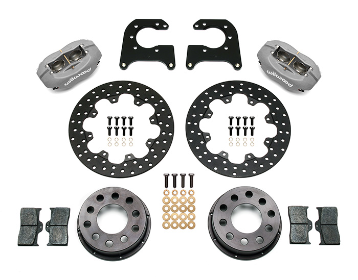 Wilwood Forged Dynalite Rear Drag Brake Kit Parts Laid Out - Type III Anodize Caliper - Drilled Rotor