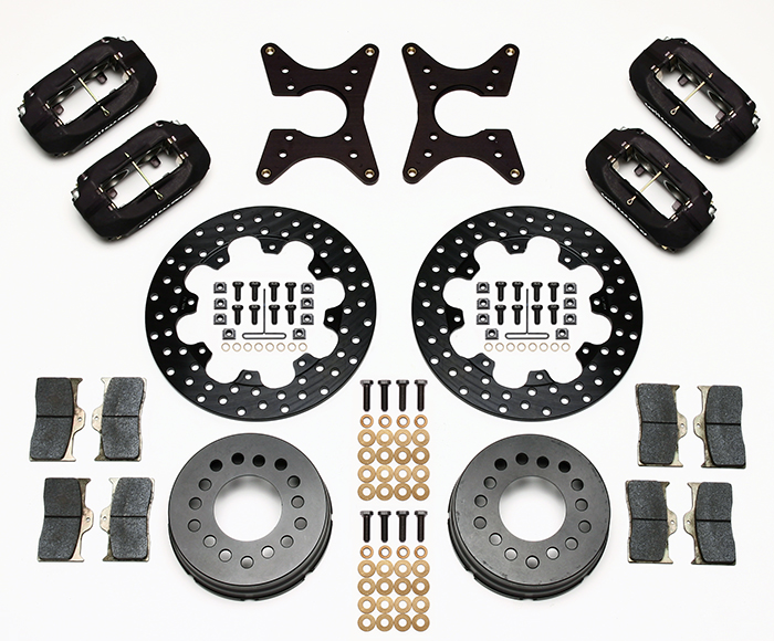 Wilwood Forged Dynalite Dual Dynamic Rear Drag Brake Kit Parts Laid Out - Type III Anodize Caliper - Drilled Rotor