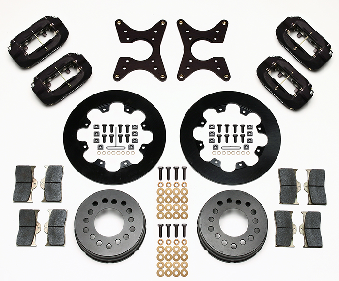 Wilwood Forged Dynalite Dual Dynamic Rear Drag Brake Kit Parts Laid Out - Type III Anodize Caliper - Plain Face Rotor