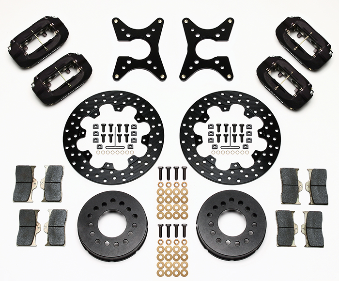 Wilwood Forged Dynalite Dual Dynamic Rear Drag Brake Kit Parts Laid Out - Type III Anodize Caliper - Drilled Rotor