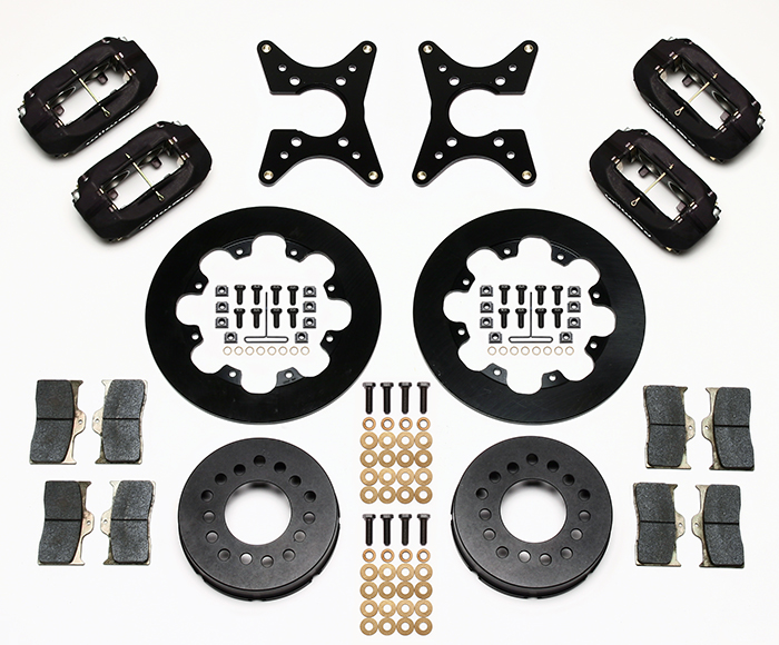 Wilwood Forged Dynalite Dual Dynamic Rear Drag Brake Kit Parts Laid Out - Type III Anodize Caliper - Plain Face Rotor
