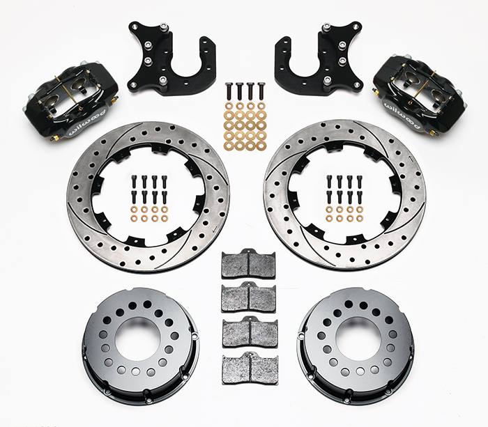 Wilwood Forged Dynalite Pro Series Rear Brake Kit Parts Laid Out - Black Powder Coat Caliper - SRP Drilled & Slotted Rotor