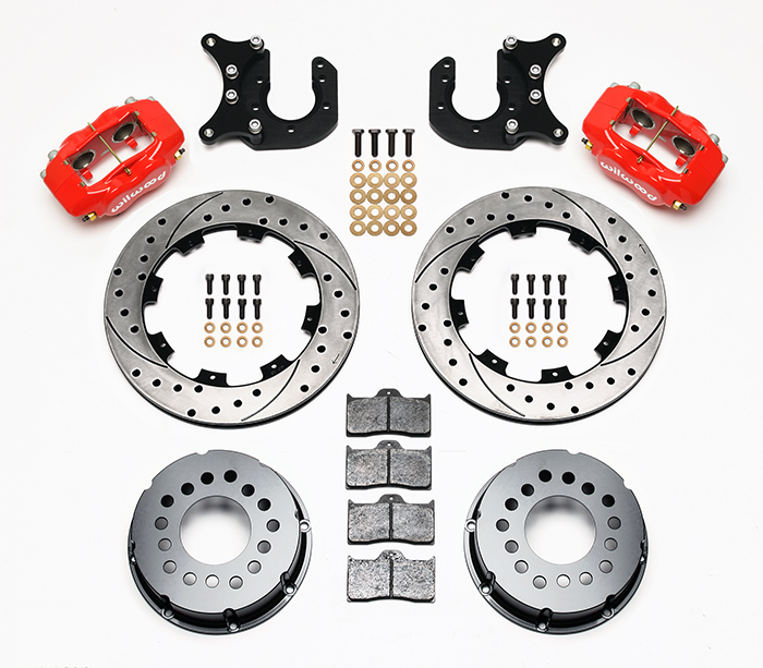 Wilwood Forged Dynalite Pro Series Rear Brake Kit Parts Laid Out - Red Powder Coat Caliper - SRP Drilled & Slotted Rotor