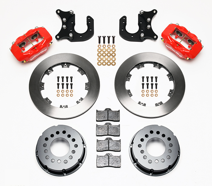 Wilwood Forged Dynalite Pro Series Rear Brake Kit Parts Laid Out - Red Powder Coat Caliper - Plain Face Rotor