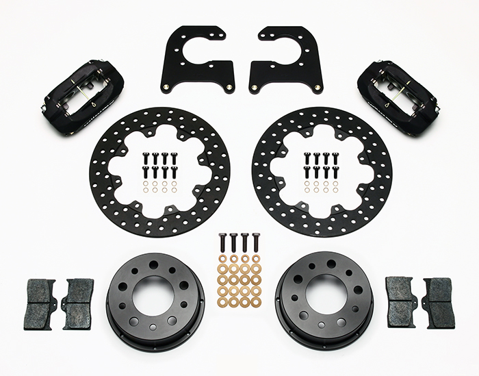 Wilwood Forged Dynalite Rear Drag Brake Kit Parts Laid Out - Type III Anodize Caliper - Drilled Rotor