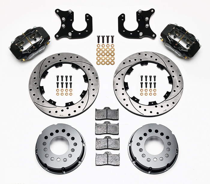 Wilwood Forged Dynalite Pro Series Rear Brake Kit Parts Laid Out - Black Powder Coat Caliper - SRP Drilled & Slotted Rotor