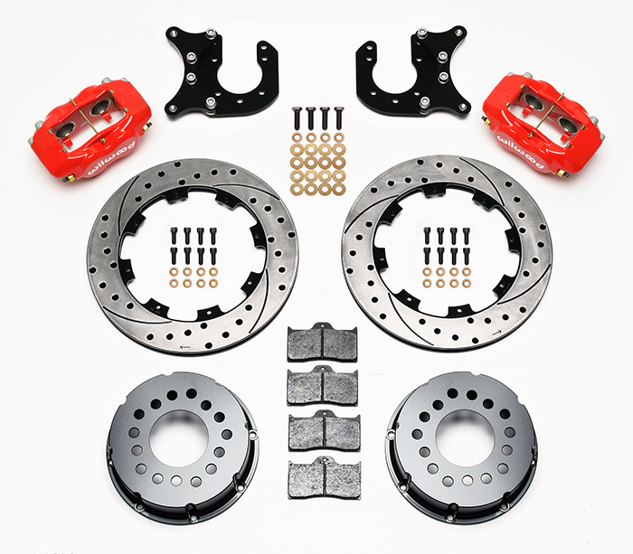 Wilwood Forged Dynalite Pro Series Rear Brake Kit Parts Laid Out - Red Powder Coat Caliper - SRP Drilled & Slotted Rotor