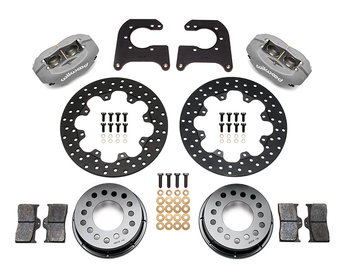 Wilwood Forged Dynalite Rear Drag Brake Kit Parts Laid Out - Type III Anodize Caliper - Drilled Rotor