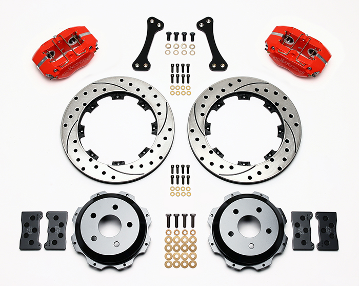 Wilwood Dynapro Rear Brake Kit For OE Parking Brake Parts Laid Out - Red Powder Coat Caliper - SRP Drilled & Slotted Rotor