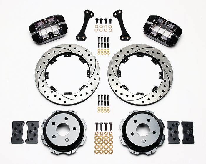 Wilwood Dynapro Rear Brake Kit For OE Parking Brake Parts Laid Out - Black Powder Coat Caliper - SRP Drilled & Slotted Rotor