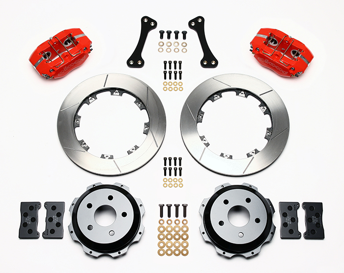 Wilwood Dynapro Rear Brake Kit For OE Parking Brake Parts Laid Out - Red Powder Coat Caliper - GT Slotted Rotor