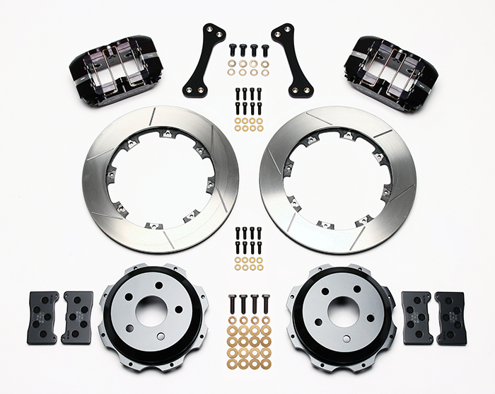 Wilwood Dynapro Rear Brake Kit For OE Parking Brake Parts Laid Out - Black Powder Coat Caliper - GT Slotted Rotor