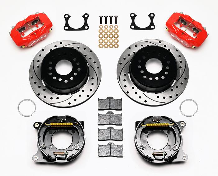 Wilwood Forged Dynalite Rear Parking Brake Kit Parts Laid Out - Red Powder Coat Caliper - SRP Drilled & Slotted Rotor